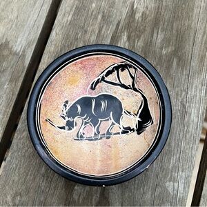 Hand Painted Carved Soapstone African Rhino Safari Print Small Bowl